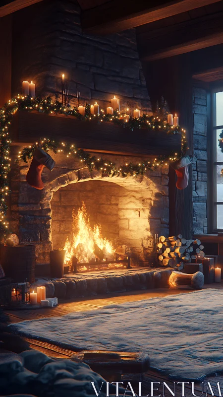 Soft firelit cabin hearth glows with calm holiday warmth