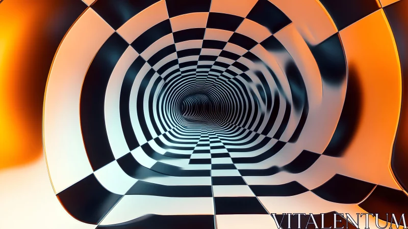 Surreal Checkered Tunnel With Orange Glow, Abstract Digital Art.