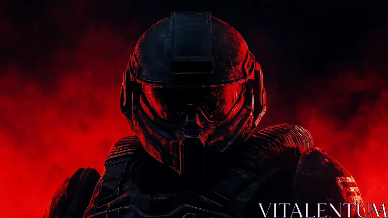 Armored space guardian framed by glowing red nebula haze.