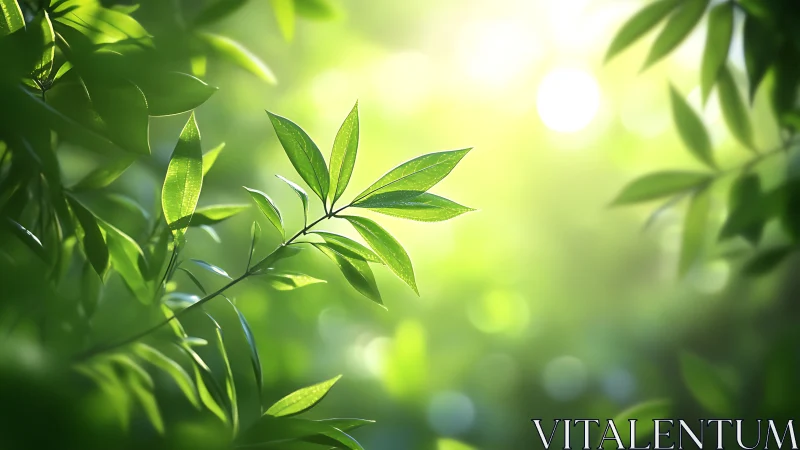 Sunlit Green Leaves in Nature, Close-Up Photography Style.