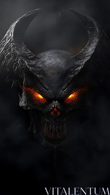 Infernal horned skull with molten eyes in black void.