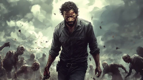 Battle-hardened survivor advances through dense zombie horde