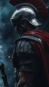 Side-profile Roman legionary in weathered armor under embers.