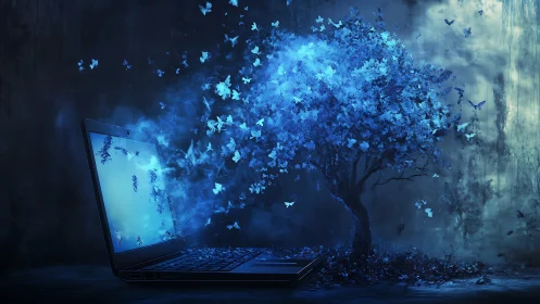 Glowing blue tree emerging from open laptop at night.