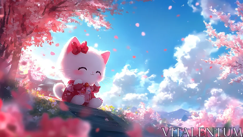 Blossom-kissed kitten spirit under a sunrise of drifting petals.