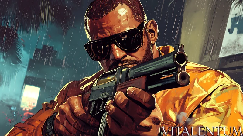 Storm‑slick streets frame a neon‑lit gunman in close focus