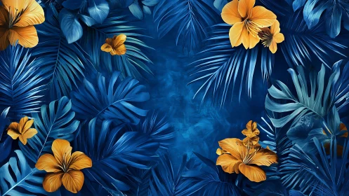 Tropical Floral Composition: Golden Hibiscus with Indigo Palm Foliage.