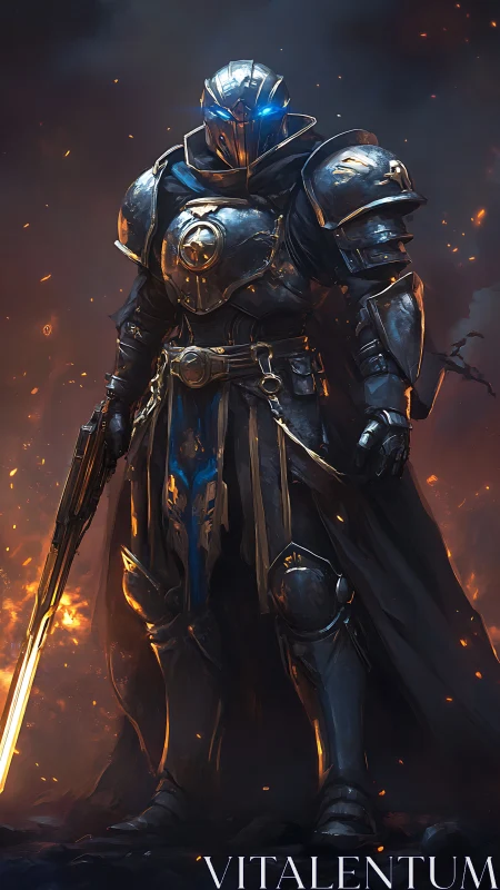 Armored cyber-knight stands amid embers in dramatic chiaroscuro