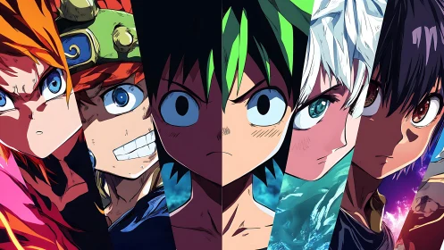 Dynamic split-panel anime heroes in high-contrast composition.