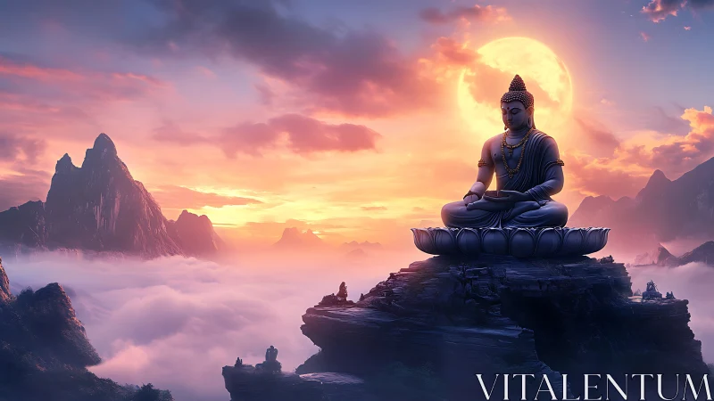 Gentle Buddha above glowing clouds at tranquil sunrise.