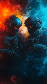 Tactical operators in dual-color volumetric smoke lighting standoff