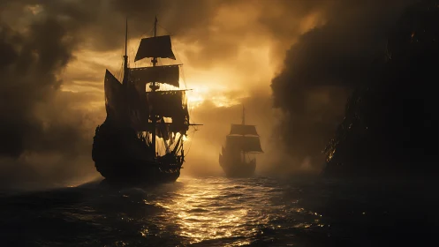 Golden sunset welcomes two tall ships through rolling mist