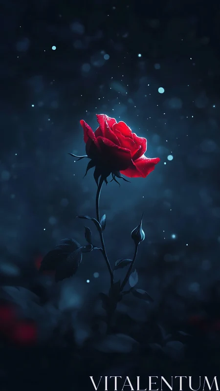 Luminescent Red Rose Against Midnight Blue Bokeh.