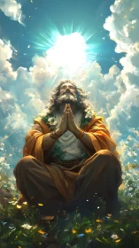 Digital painting of meditative sage beneath radiant sky portal.