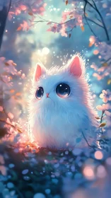 Fluffy white kitten in glowing pastel forest clearing.