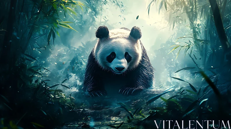 Curious panda explores a misty bamboo forest stream.