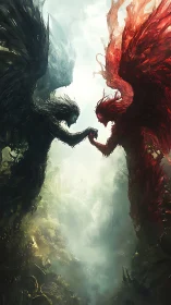 Opposed dark and red winged figures over misted chasm.