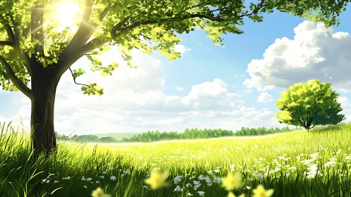 Sunlit green meadow with trees under bright summer sky.