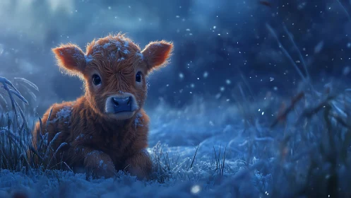 Young calf resting in snowy blue twilight meadow scene.