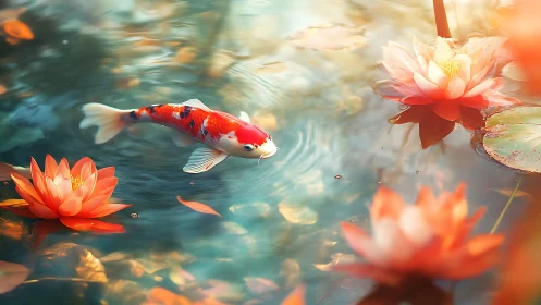 High-saturation koi carp swims among soft-focus water lilies
