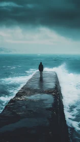 Solitary figure advances along storm-lashed ocean breakwater
