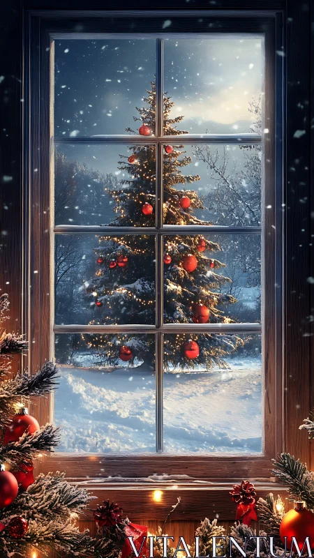 Snowy window view of glowing Christmas tree at dusk.