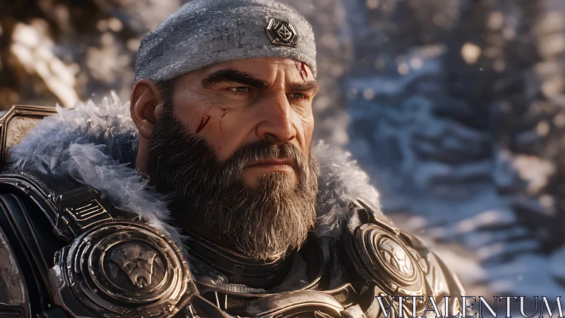 Weathered warrior gazing ahead in a quiet winter valley.