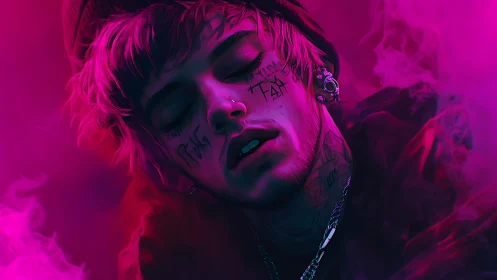 Dreamy neon portrait in soft pink and violet haze.