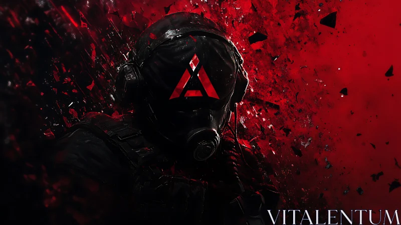 Tactical operator in gas mask amid red fragmented backdrop.