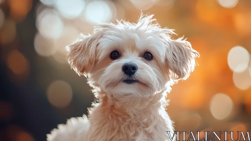 Fluffy small dog portrait in warm outdoor bokeh light.