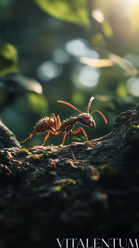 Solitary ant explores a sunlit forest branch at dawn.