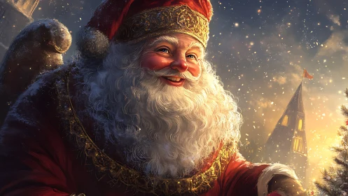 Golden-hour Santa smiles amid softly falling snowflakes.