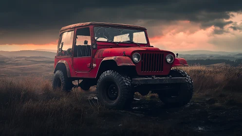 Photorealistic red off-road jeep in cinematic storm light.