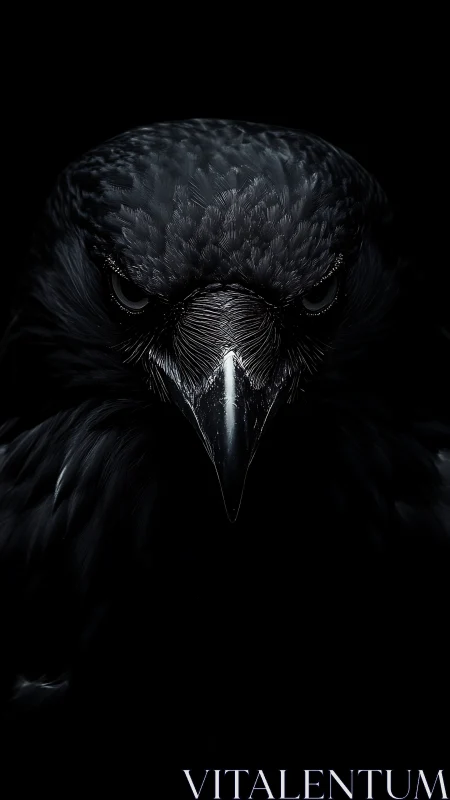 Glistening raven portrait emerges from deep black void.