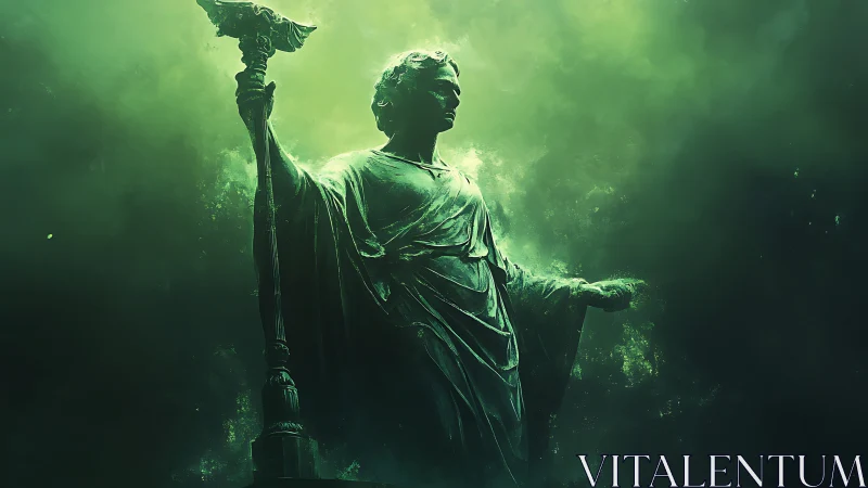 Mystic guardian statue bathed in glowing emerald light.