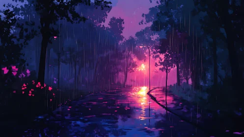 Rainy park path glowing with dreamy neon twilight light.