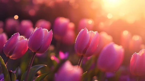 Magenta Tulips Dancing Through Golden Hour's Luminous Embrace