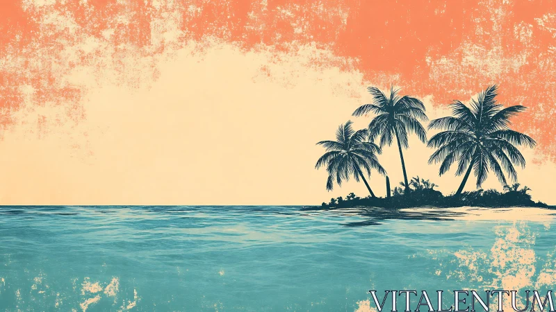 Tropical Island Paradise with Palm Trees at Golden Sunset