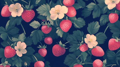 Strawberry foliage pattern with blossoms on deep navy ground