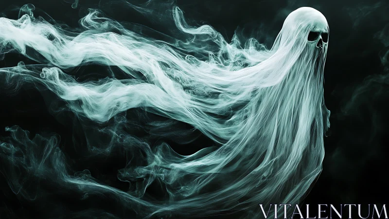 Ethereal ghost drifts through swirling emerald mist.