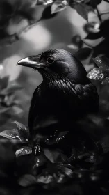 Obsidian Sentinel: Raven Contemplates Leafy Kingdom.