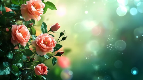 Salmon Roses in Bokeh Light: Soft Focus Garden Botanical Composition.