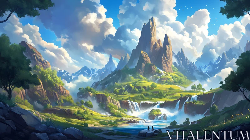 Mountain landscape with waterfalls and distant human figures