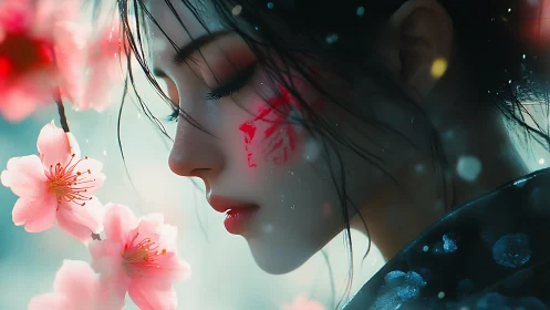 Profile view shows woman near blossoms in soft focus