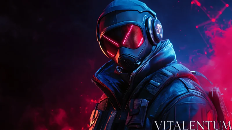 Armored figure in neon tactical gear amid red-blue haze.