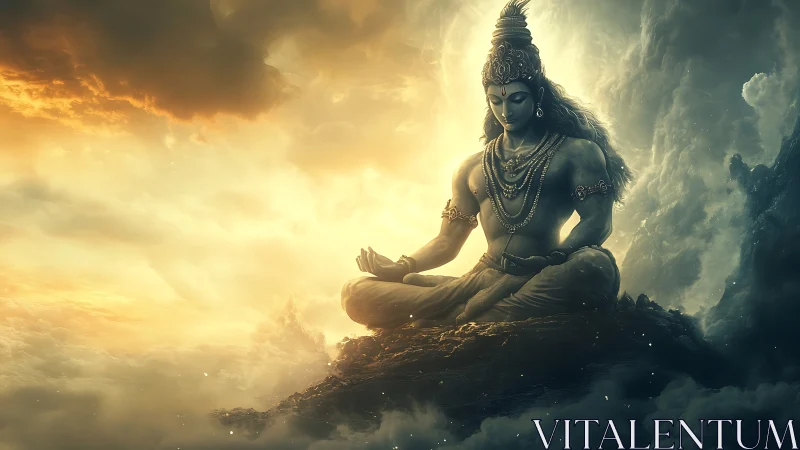 Serene celestial yogi meditating in glowing cosmic light.