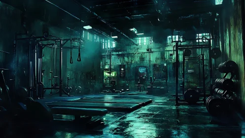 Abandoned industrial gym interior rendered with moody teal rim lighting