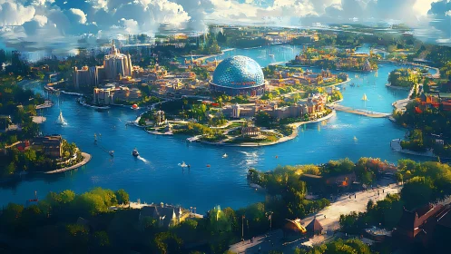 Futuristic island cityscape encircles a geodesic dome under daylight