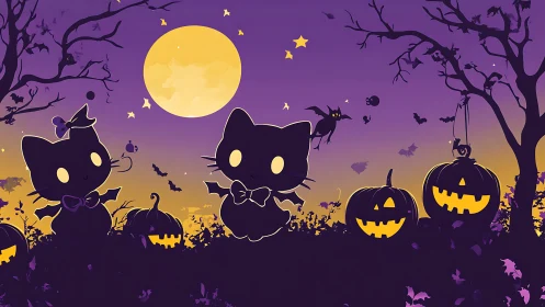 Stylized Halloween Digital Composition Featuring Black Cats and Jack-O'-Lantern Pumpkins