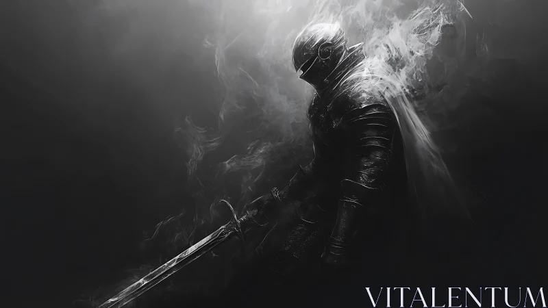 Armored knight holds sword amid swirling smoke in darkness